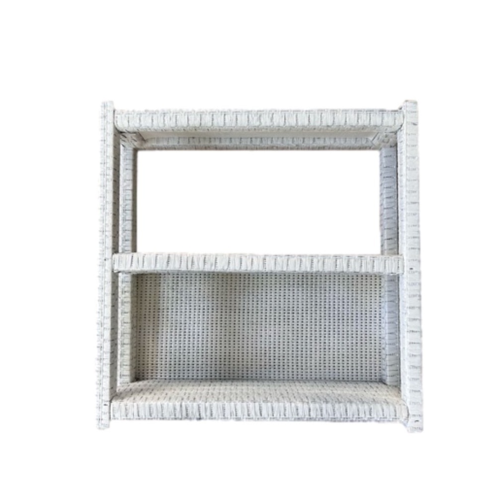 Vintage MCM Woven Wicker Painted White Shelves